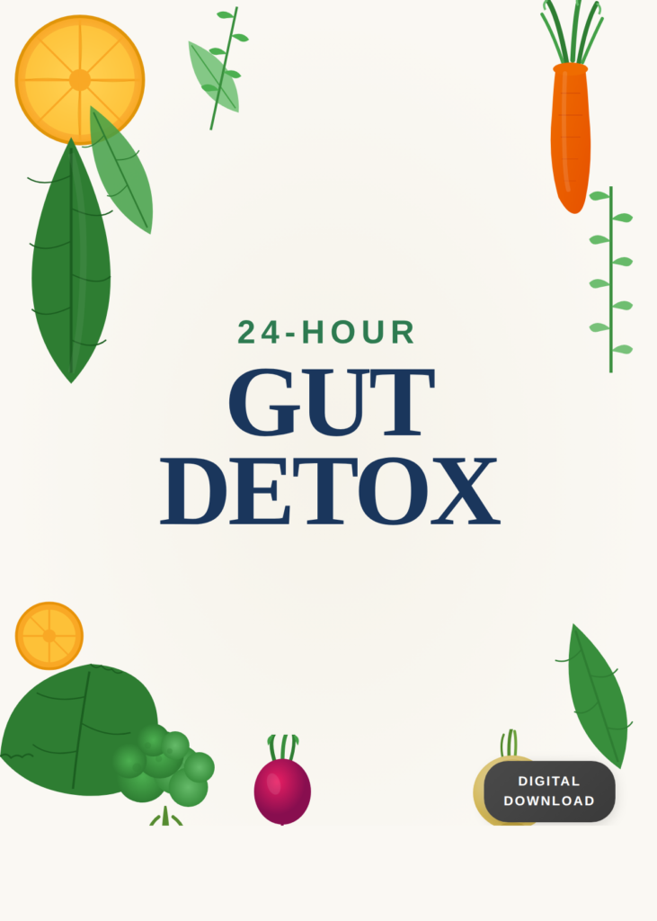 Illustration of a 24-hour gut detox digital download cover featuring fruits, vegetables, leaves, and natural detox elements on a minimalist background.