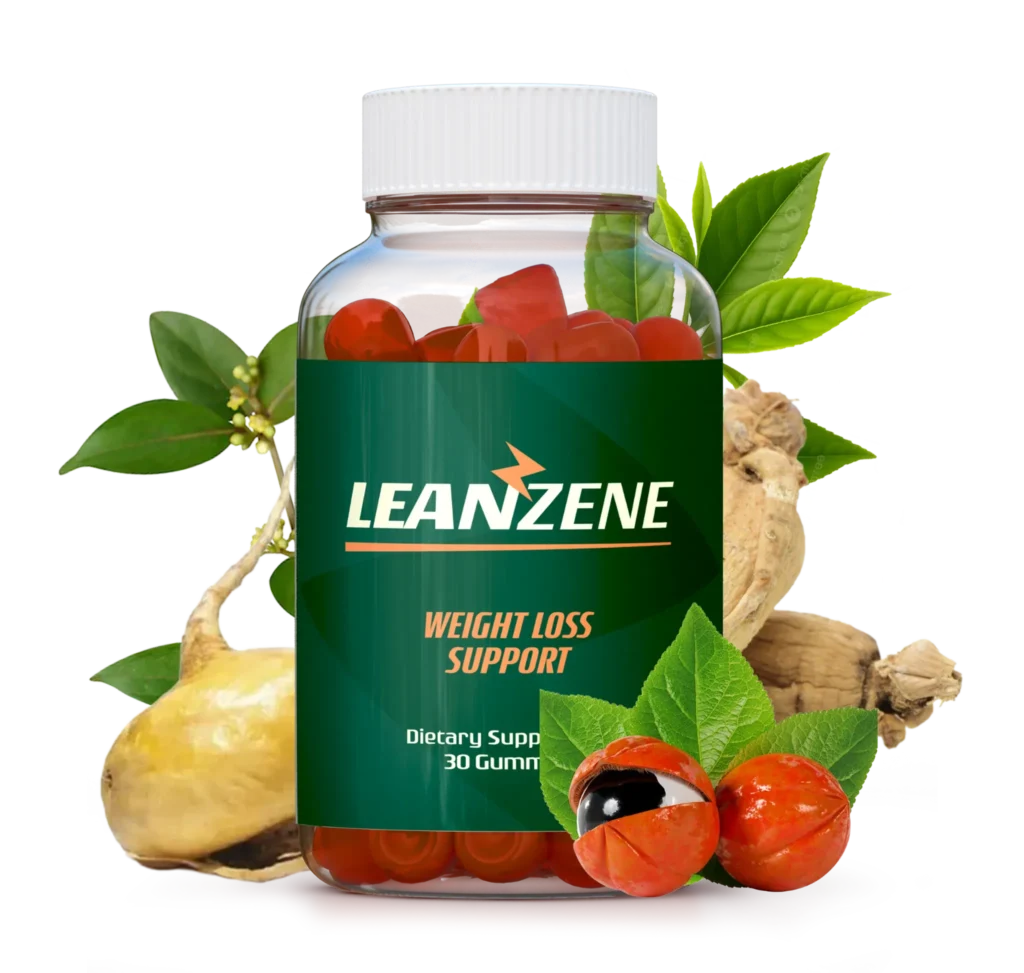 Leanzene weight loss gummies bottle displayed with natural ingredients on clean background.